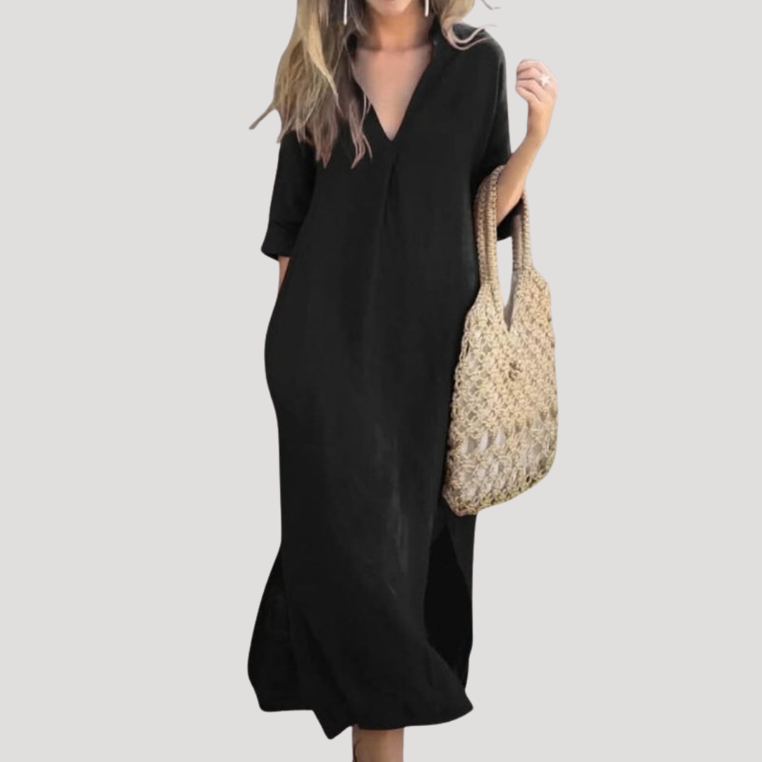 Solveig | Damen Midikleid mit V-Ausschnitt Relaxed Fit