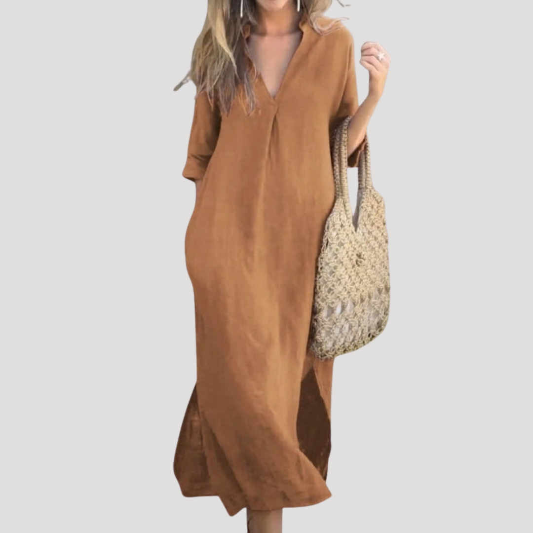 Solveig | Damen Midikleid mit V-Ausschnitt Relaxed Fit