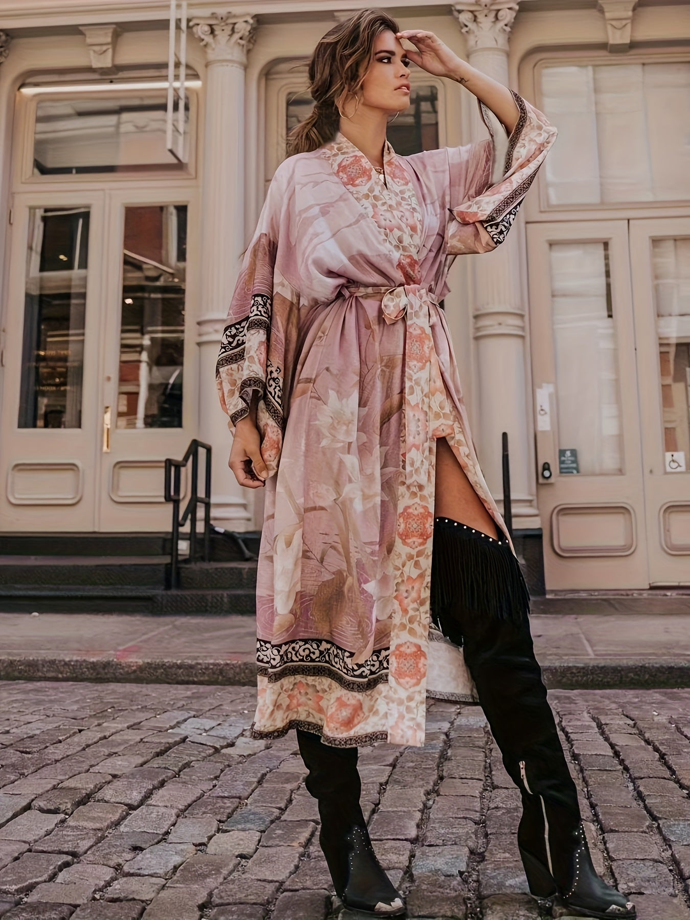 Soraya | Damen Boho Kimono Blumenprint Maxi-Länge