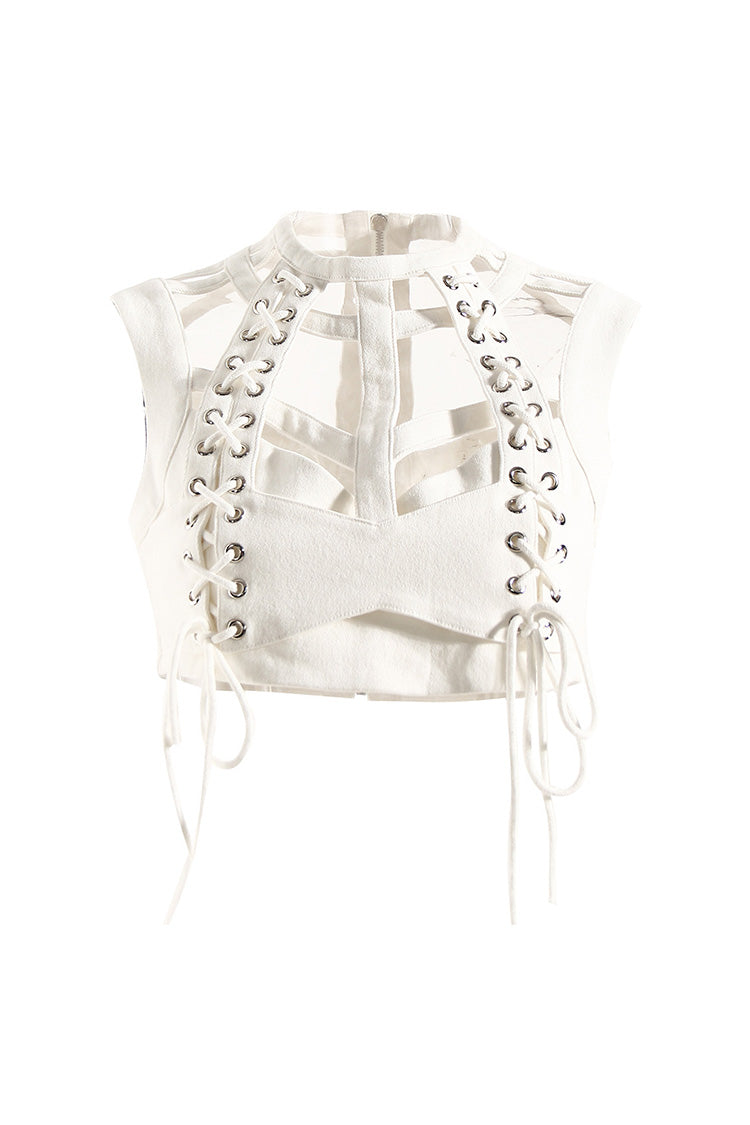 Fudus Kurzes Denim-Crop-Top mit Ausschnitt, Schnürung und Stehkragen