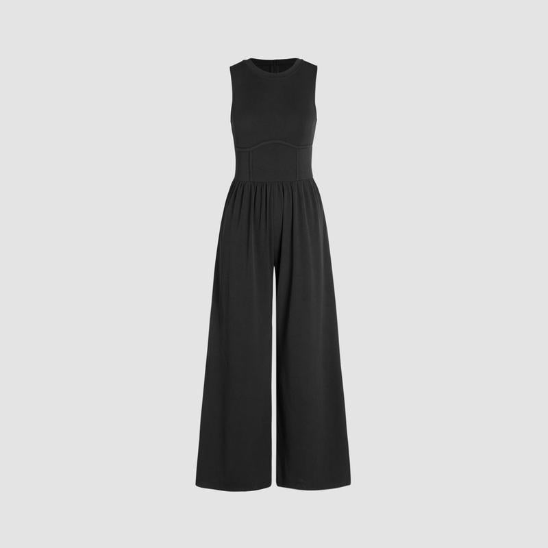 Saskia: Einfarbiger, ärmelloser Damen-Jumpsuit mit weiten Beinen