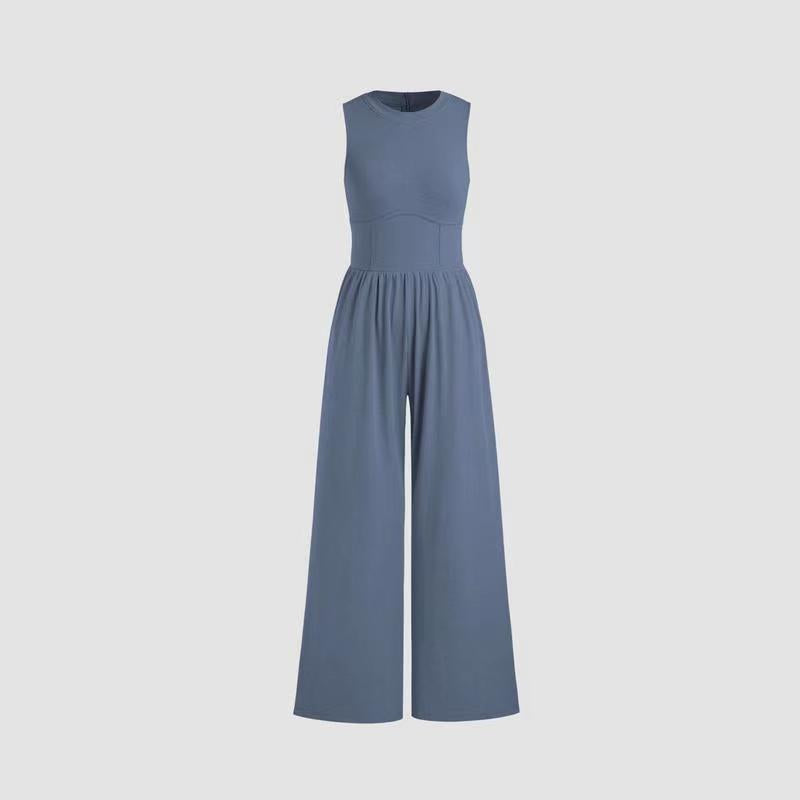 Saskia: Einfarbiger, ärmelloser Damen-Jumpsuit mit weiten Beinen