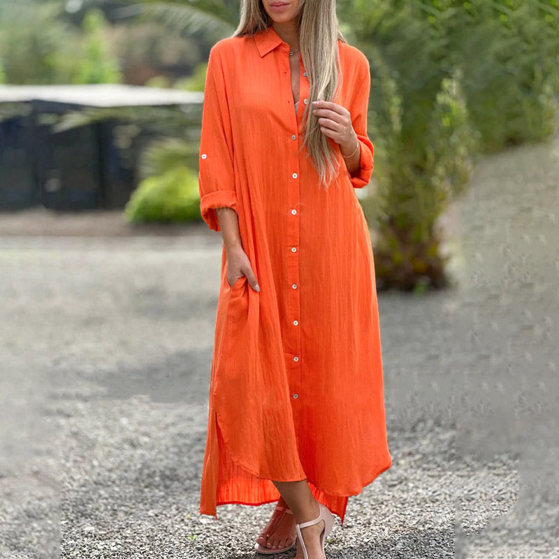 KROHN-E Damen Maxikleid Hemdkleid Durchgeknöpft Casual