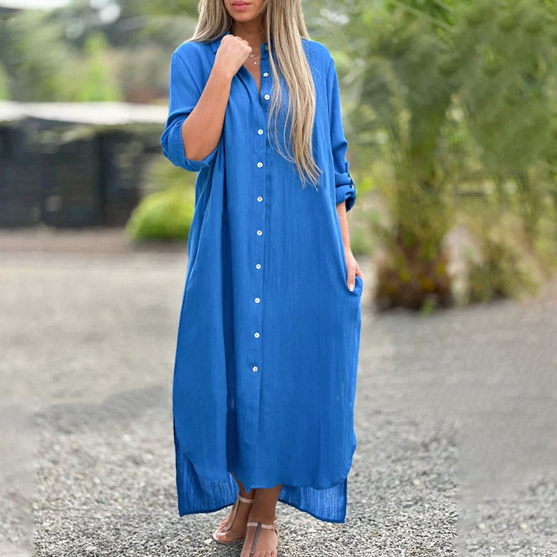 KROHN-E Damen Maxikleid Hemdkleid Durchgeknöpft Casual