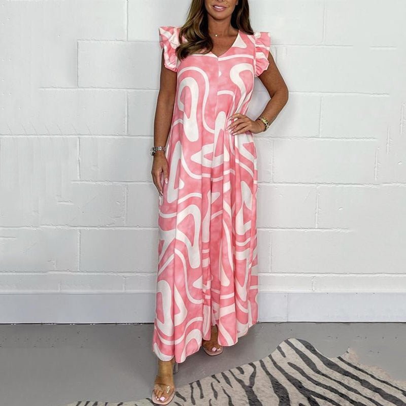 KROHN-E Damen Jumpsuit V-Ausschnitt Rüschen Wide-Leg Abstract Print