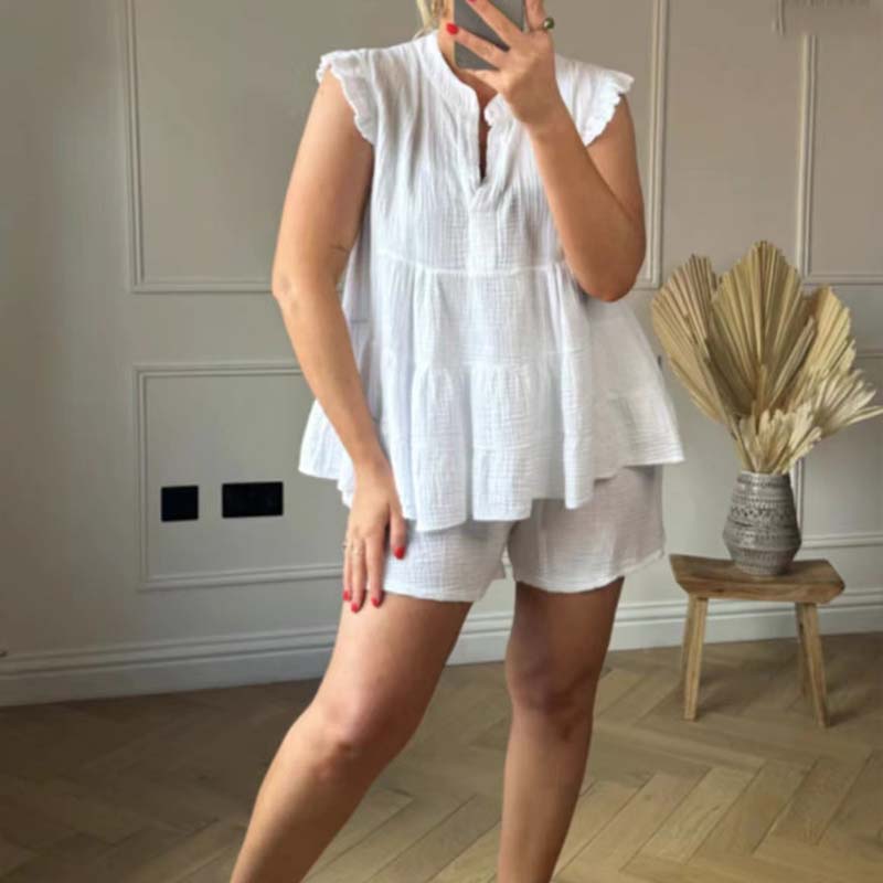 Damen-Set: Volant-Top und Shorts aus Baumwolle-Gaze (Cheesecloth) – Gabrielle