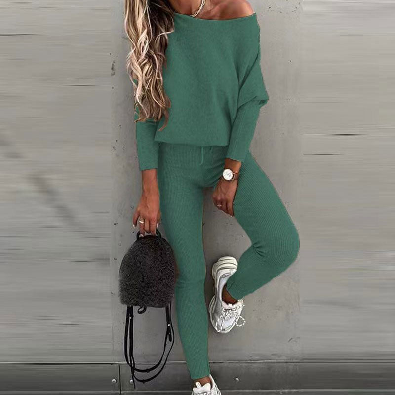 Damen-Set: Off-Shoulder Langarm-Top & Hose mit Kordelzug
