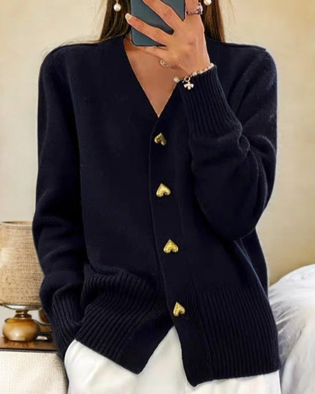 KROHN-E Damen Cardigan Herz-Knöpfe Strick Beige Kuschelig