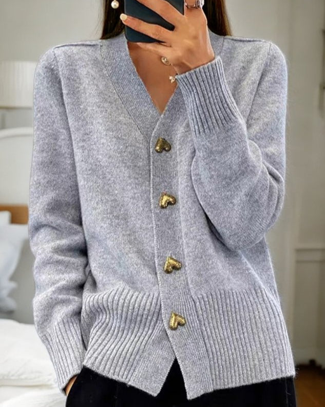 KROHN-E Damen Cardigan Herz-Knöpfe Strick Beige Kuschelig