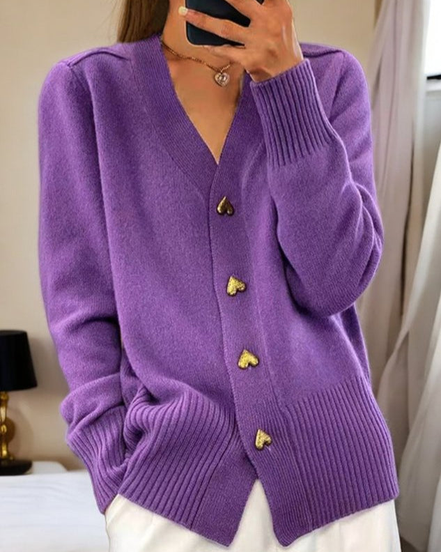 KROHN-E Damen Cardigan Herz-Knöpfe Strick Beige Kuschelig