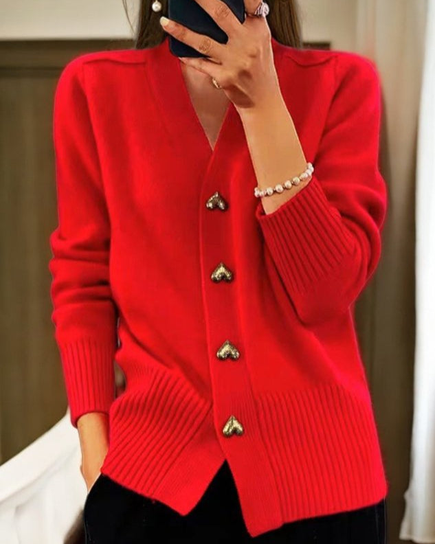 KROHN-E Damen Cardigan Herz-Knöpfe Strick Beige Kuschelig
