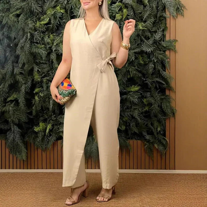 KROHN-E Damen Wide-Leg Jumpsuit Wrap V-Ausschnitt Gürtel Terrakotta