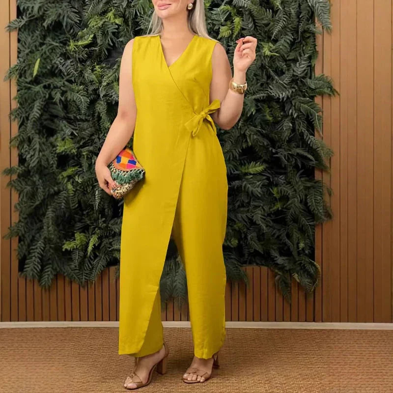 Coral | Damen Jumpsuit Ärmellos V-Ausschnitt Bindegürtel Unifarbe