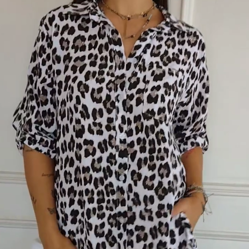 KROHN-E Damen Bluse Leoparden-Print Kurzarm