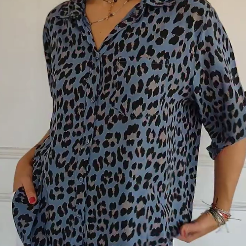 KROHN-E Damen Bluse Leoparden-Print Kurzarm Relaxed Fit