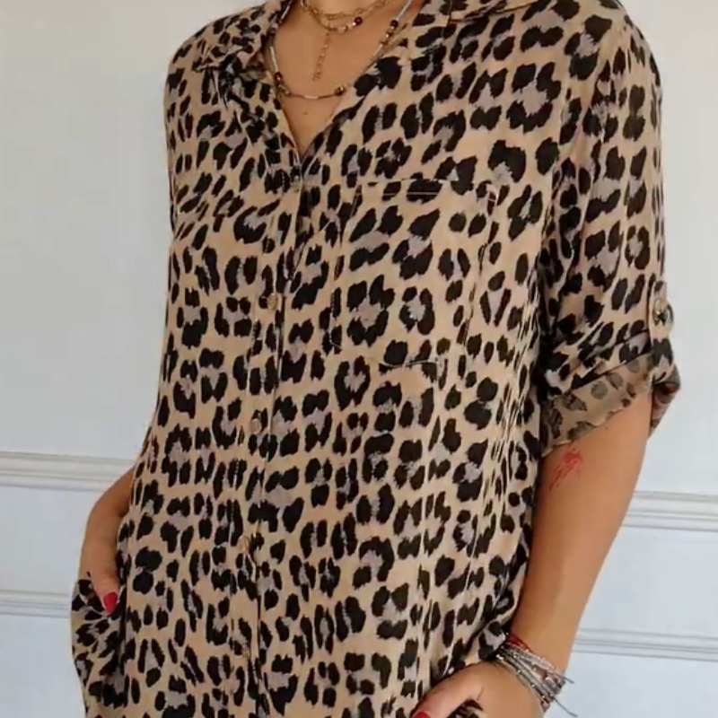 KROHN-E Damen Bluse Leoparden-Print Kurzarm Relaxed Fit
