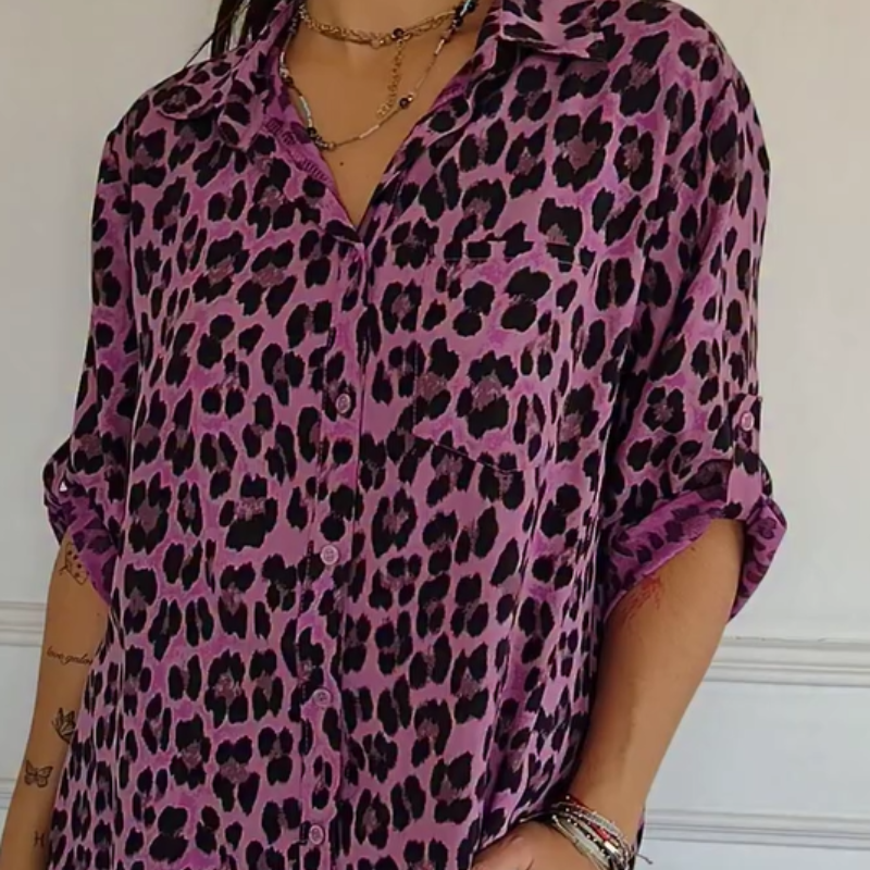 KROHN-E Damen Bluse Leoparden-Print Kurzarm Relaxed Fit