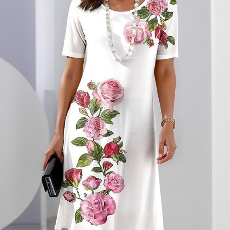 KROHN-E Damen Kleid A-Linie Blumenmuster kurze Ärmel Baumwolle