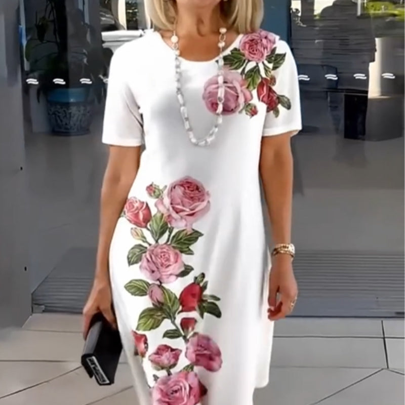KROHN-E Damen Kleid A-Linie Blumenmuster kurze Ärmel Baumwolle