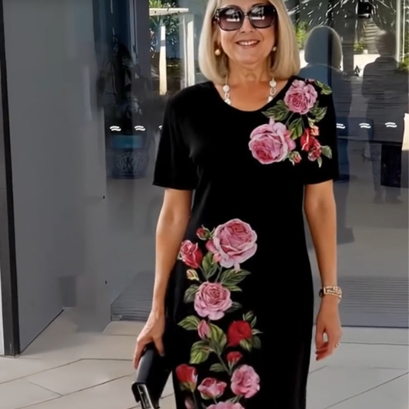 KROHN-E Damen Kleid A-Linie Blumenmuster kurze Ärmel Baumwolle