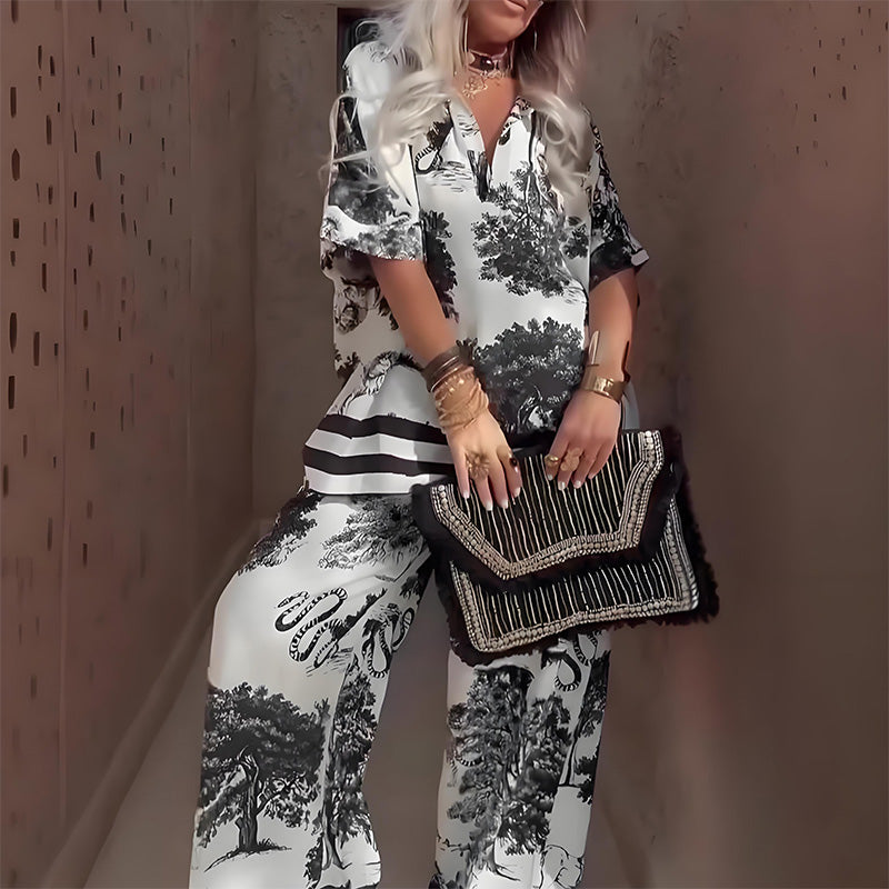 KROHN-E Damen Set V-Ausschnitt Top Gemustert Lange Hose