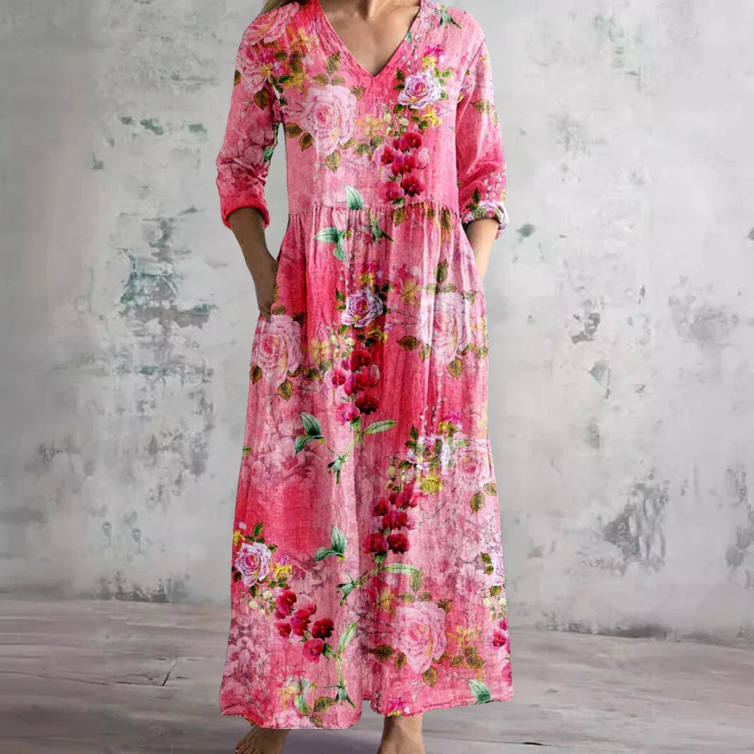 KROHN-E Damen Maxi-Kleid Blumenmuster V-Ausschnitt