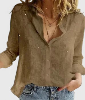 KROHN-E Damen Button-Down Bluse Leinen Wellenförmiger Reverskragen Relaxed-Fit
