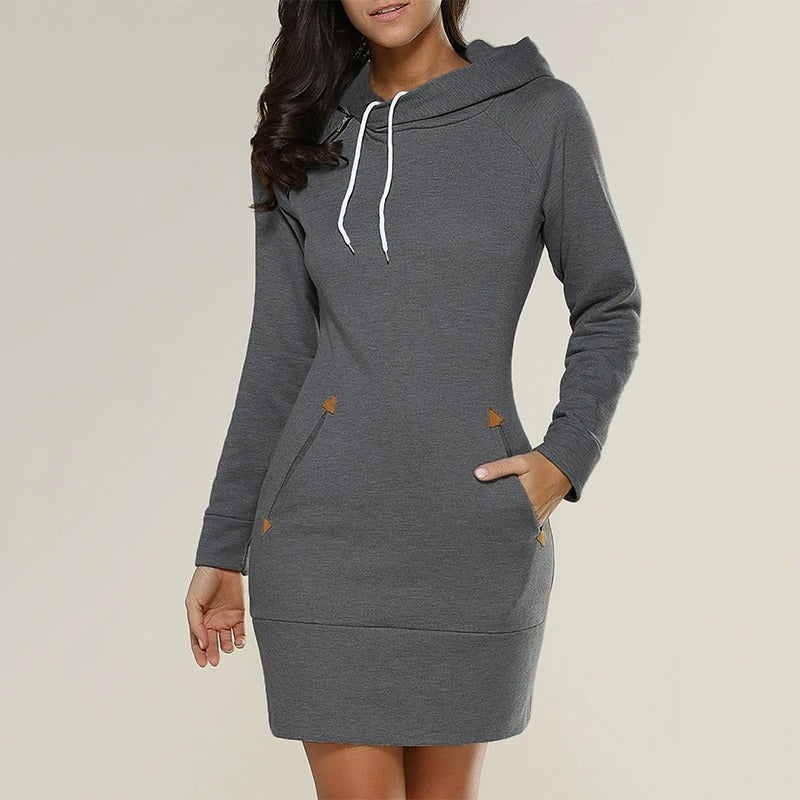 Krohn-e | Einfaches Langarm Kapuzenpullover Kleid