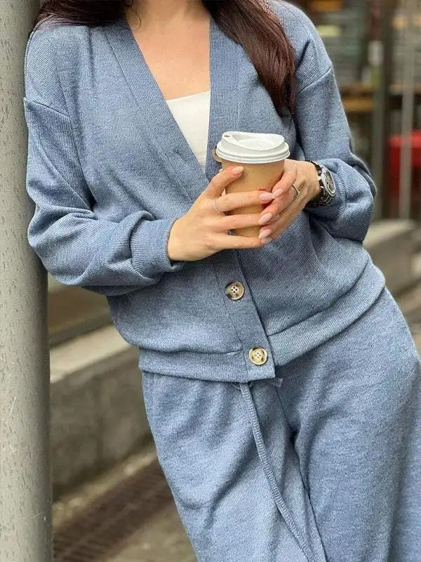 Krohn-e | Damen Zweiteiliges Gestricktes Jacke und Hose mit Knöpfen