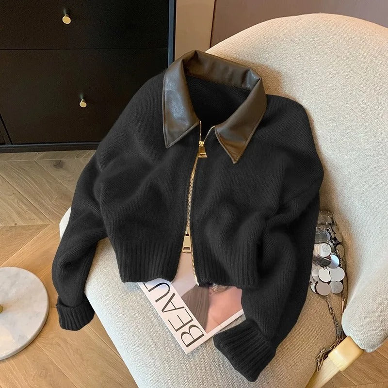 Krohn-e | Strickpullover mit Lederkragen