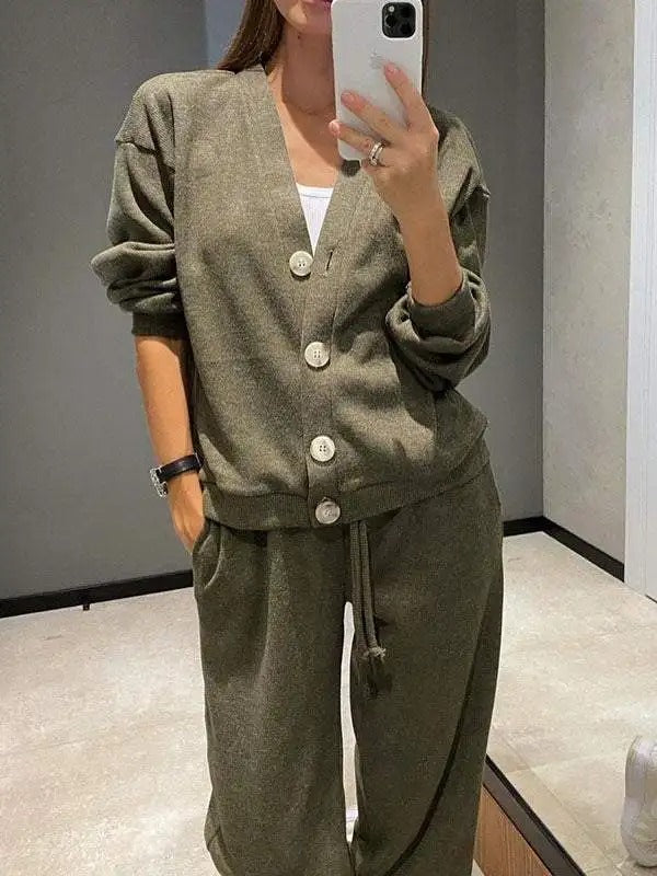 Krohn-e | Damen Zweiteiliges Gestricktes Jacke und Hose mit Knöpfen