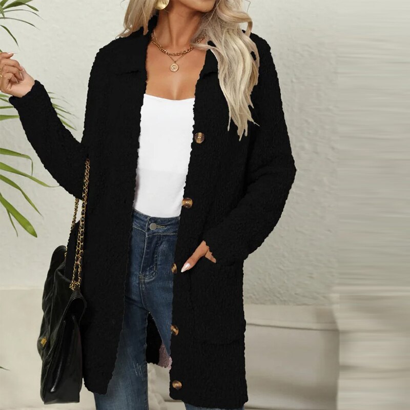 Krohn-e | Lange Teddyjacke mit Knopfverschluss Fleece Weich und Warm