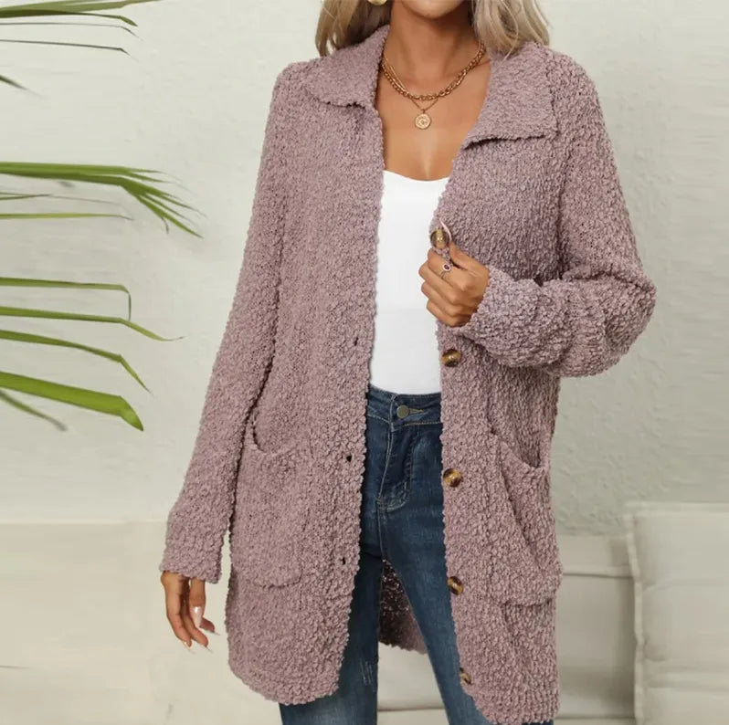 Krohn-e | Lange Teddyjacke mit Knopfverschluss Fleece Weich und Warm