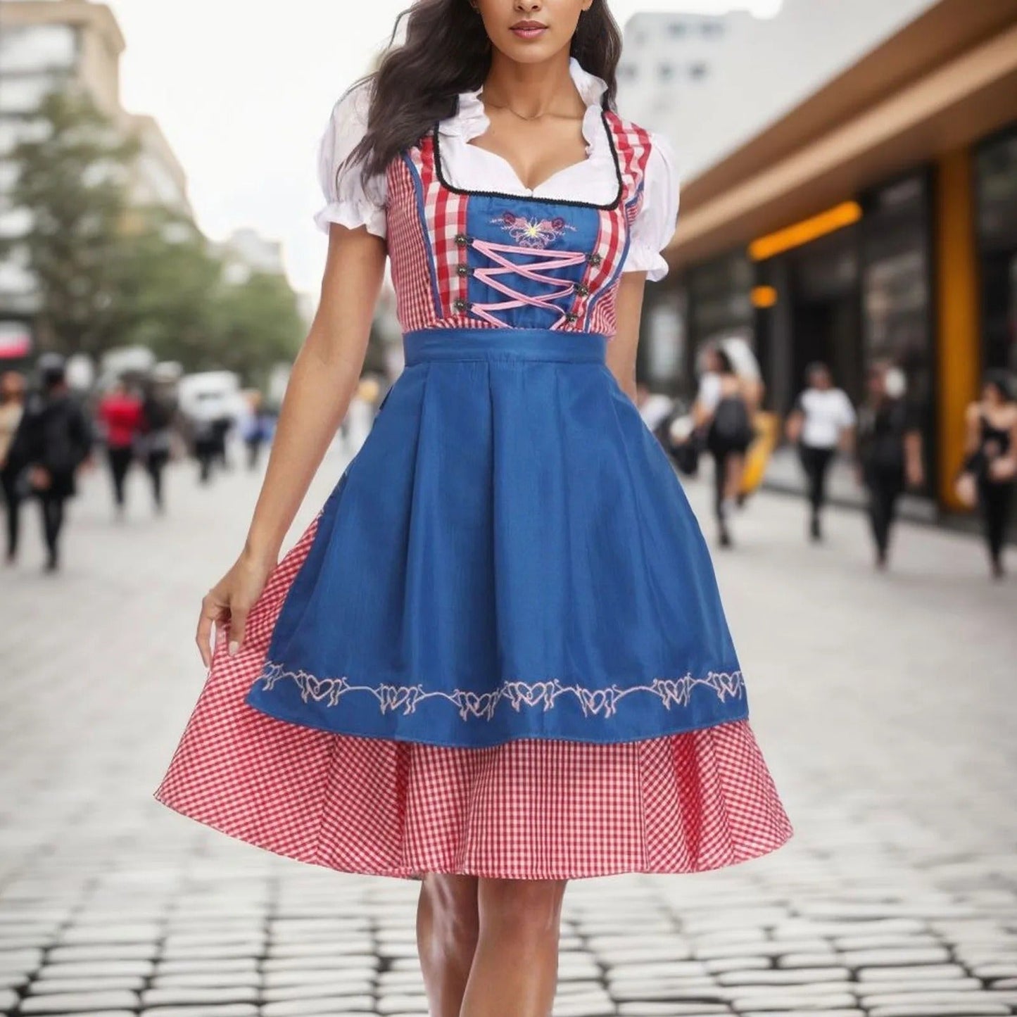 Dirndl Kleid mit tailliertem Oberteil, Karo-Muster und Schürze für das Oktoberfest
