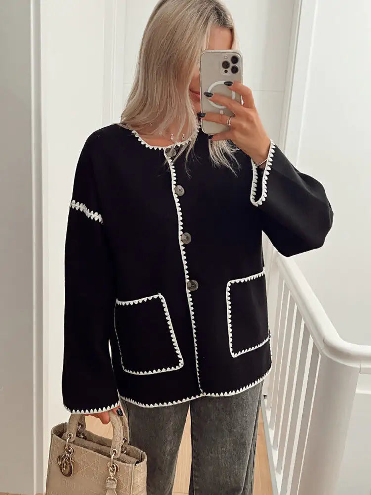 Krohn-e | cardigan - Herbst Kontrastbesatz Knopf-Cardigan