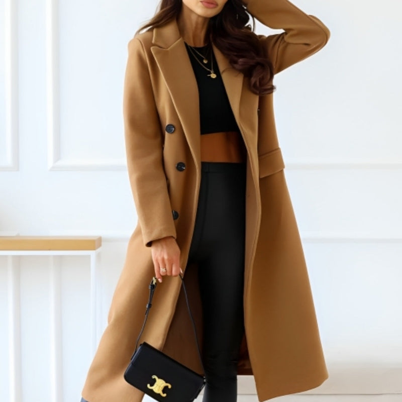 Krohn-e | für Frauen - Lange Doppelt Knöpfbare Wollmischung - Klassischer Schnitt mit Revers und Klapptaschen