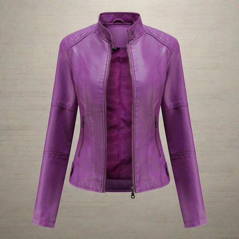 Krohn-e | Lederjacke - Slim Fit Biker Stil - Reißverschluss - Stehkragen - Lange Ärmel