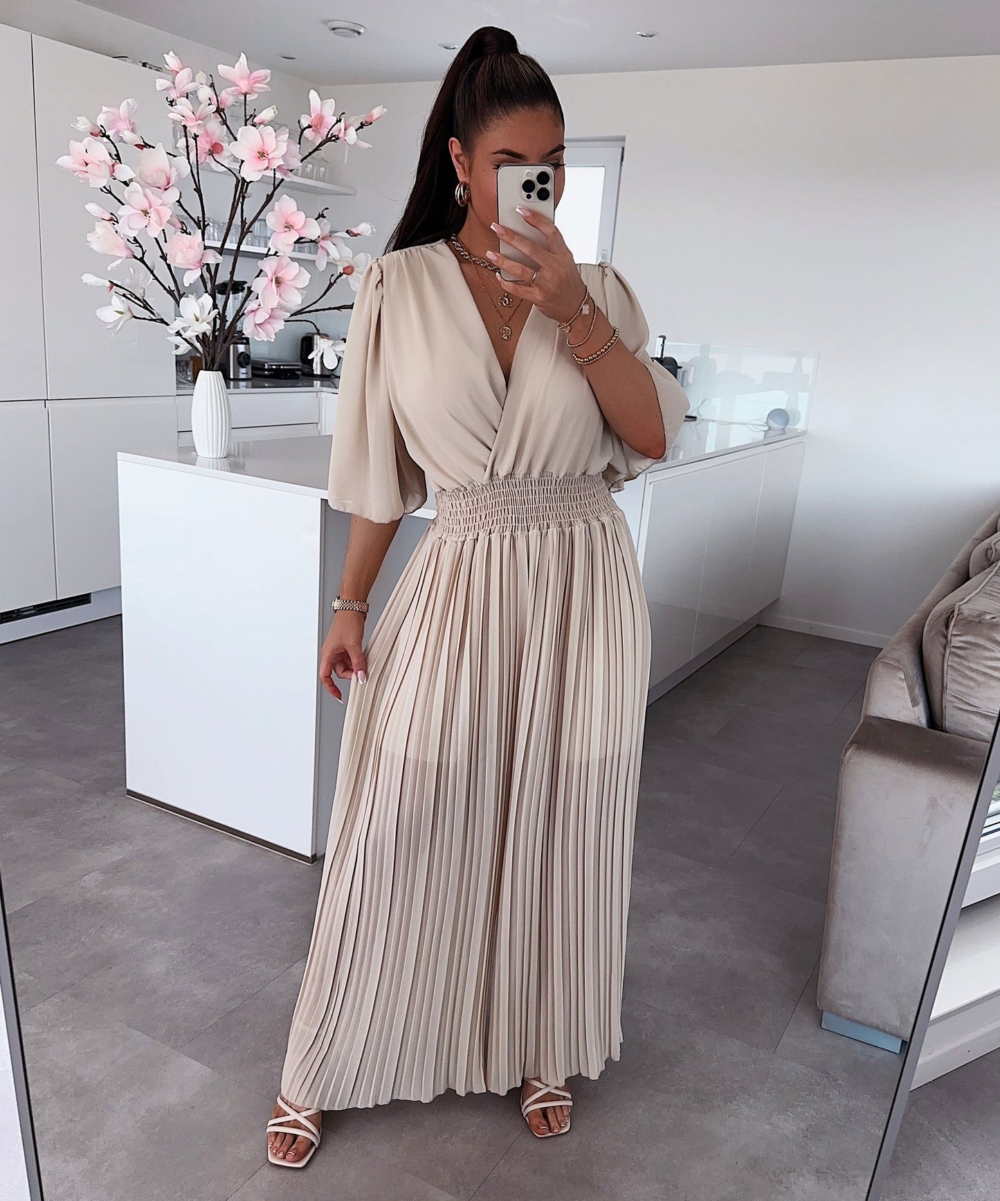 Beige Pleated Jumpsuit - Amber