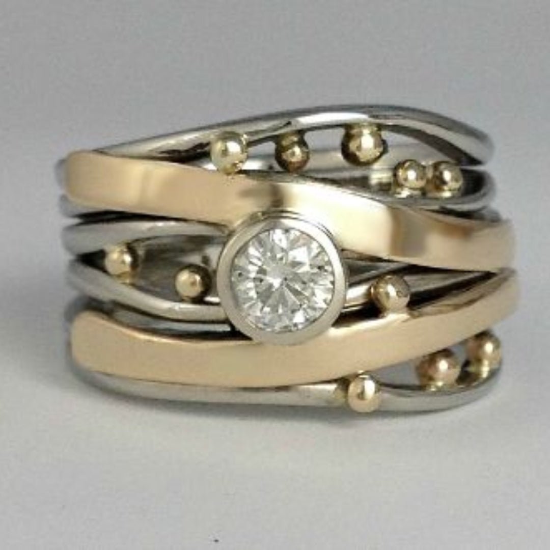 KROHN-E Damen Vintage-Ring Gold Zirkonia Intarsien