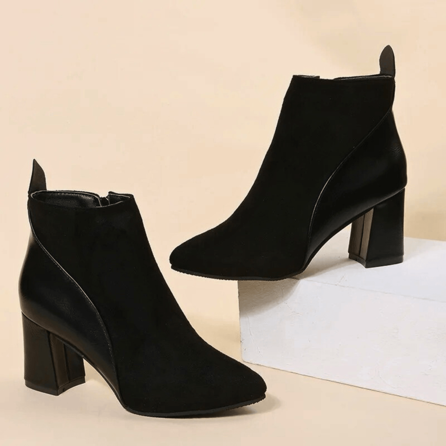 KROHN-E Damen Ankle Boots Blockabsatz Seitlicher Reißverschluss Spitze Zehe