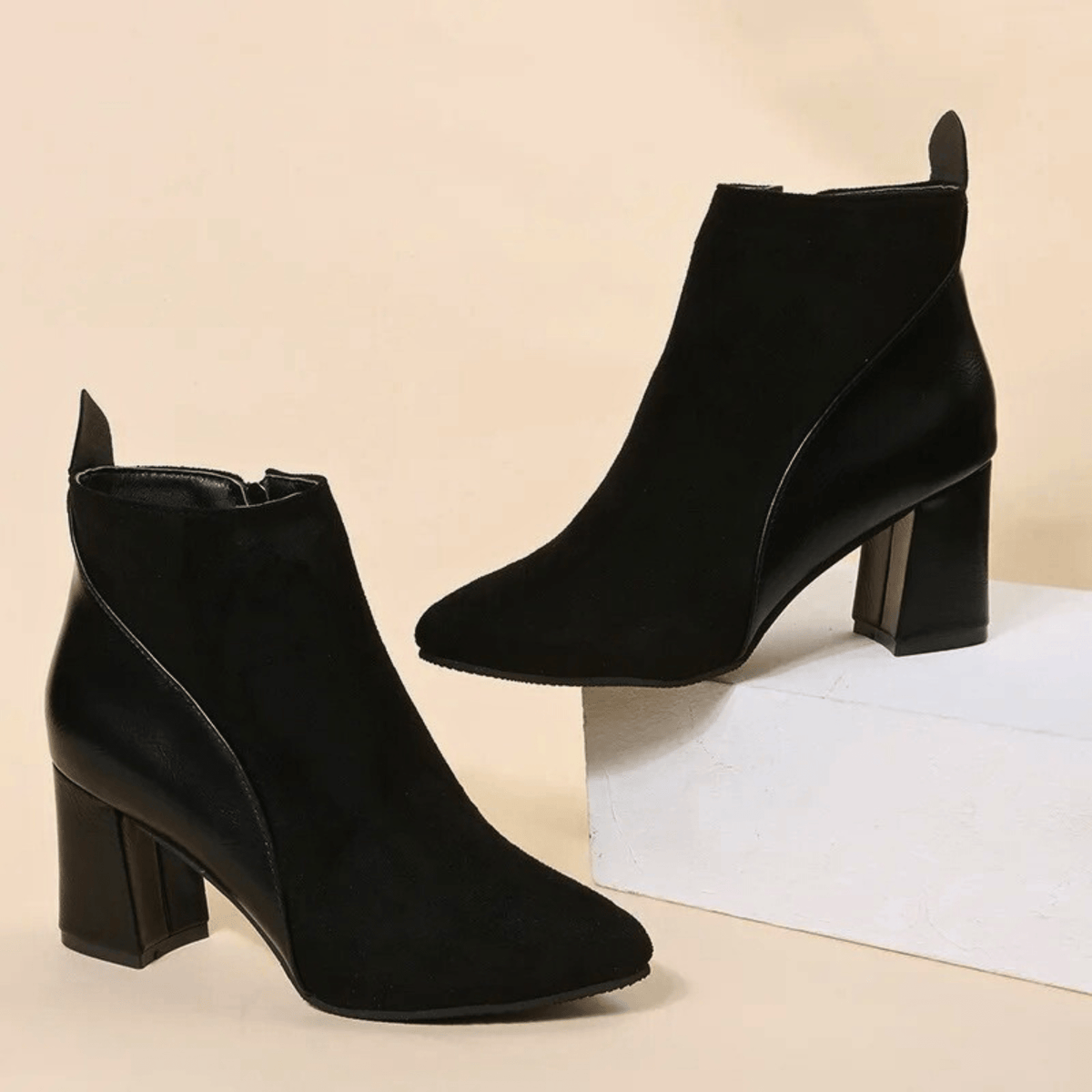 KROHN-E Damen Ankle Boots Blockabsatz Seitlicher Reißverschluss Spitze Zehe