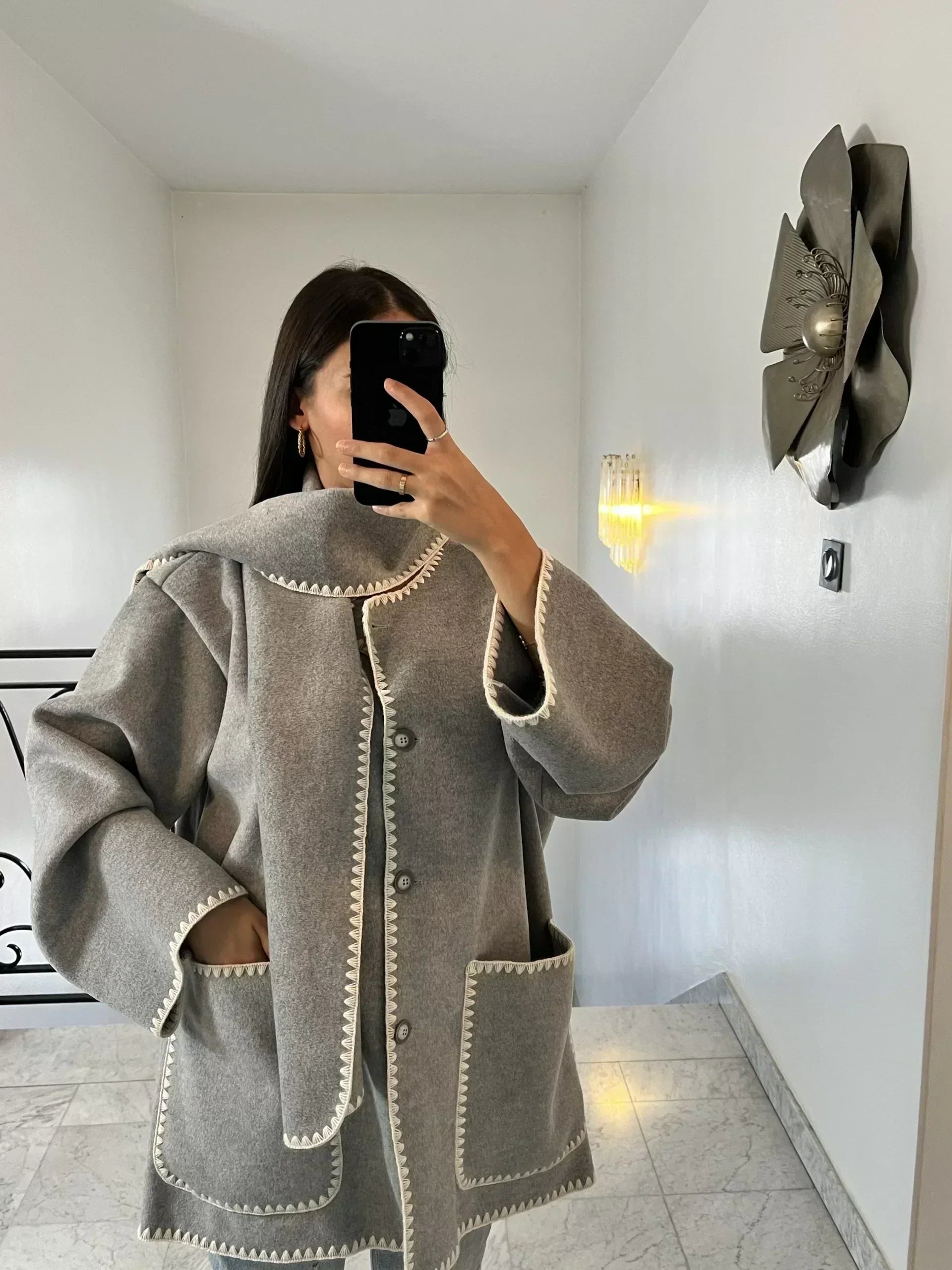 Krohn-e | Mantel Poncho-Stil - Oversized Passform - Wollmischung - Hoher Kragen - 3/4 Ärmel