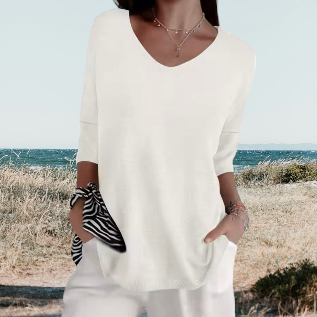 Greta | Damen pullover 3/4 Arm V-Ausschnitt Übergroß