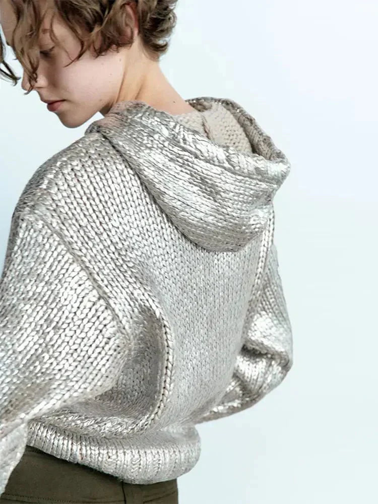 Krohn-e | Schicker Damen Kapuzenpullover mit Metallic Rippbesatz und Folie