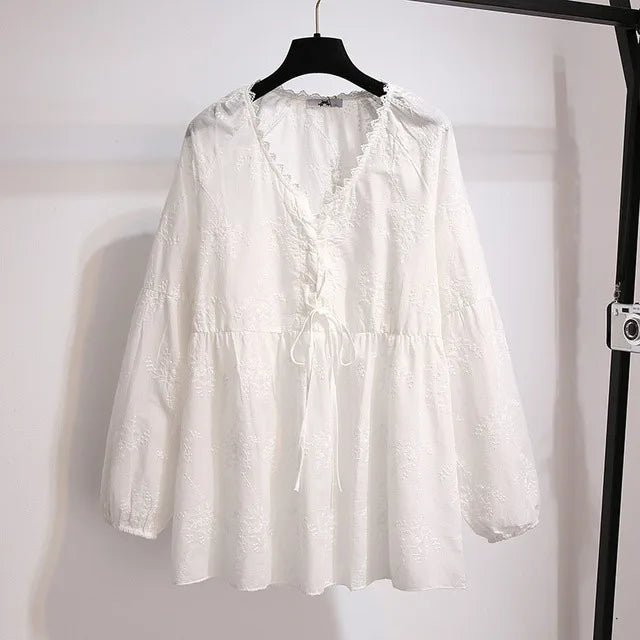 Fudus Designer Blouse with Embroidered Flowers, Long Sleeves, Sizes 5-9XL