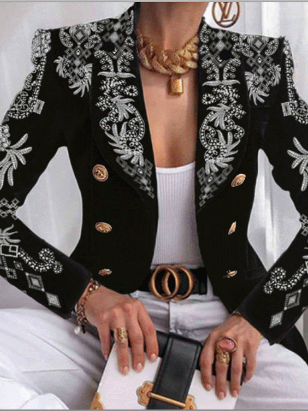 Langärmliger, zweireihiger Blazer mit Revers und Druck
