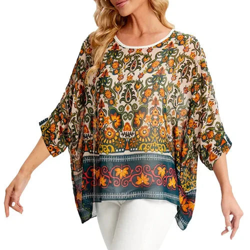 Fudus Fashion Designer Printed Chiffon Blouse, Sizes 4-6XL