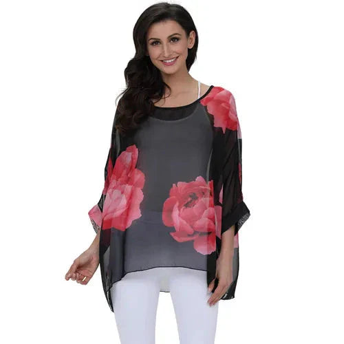 Fudus Fashion Designer Printed Chiffon Blouse, Sizes 4-6XL