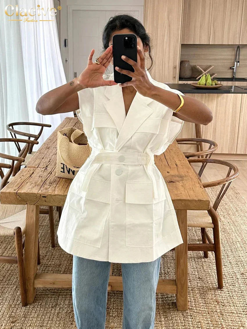 Modische Baumwollbluse mit Revers im Designer-Stil von Fudus
