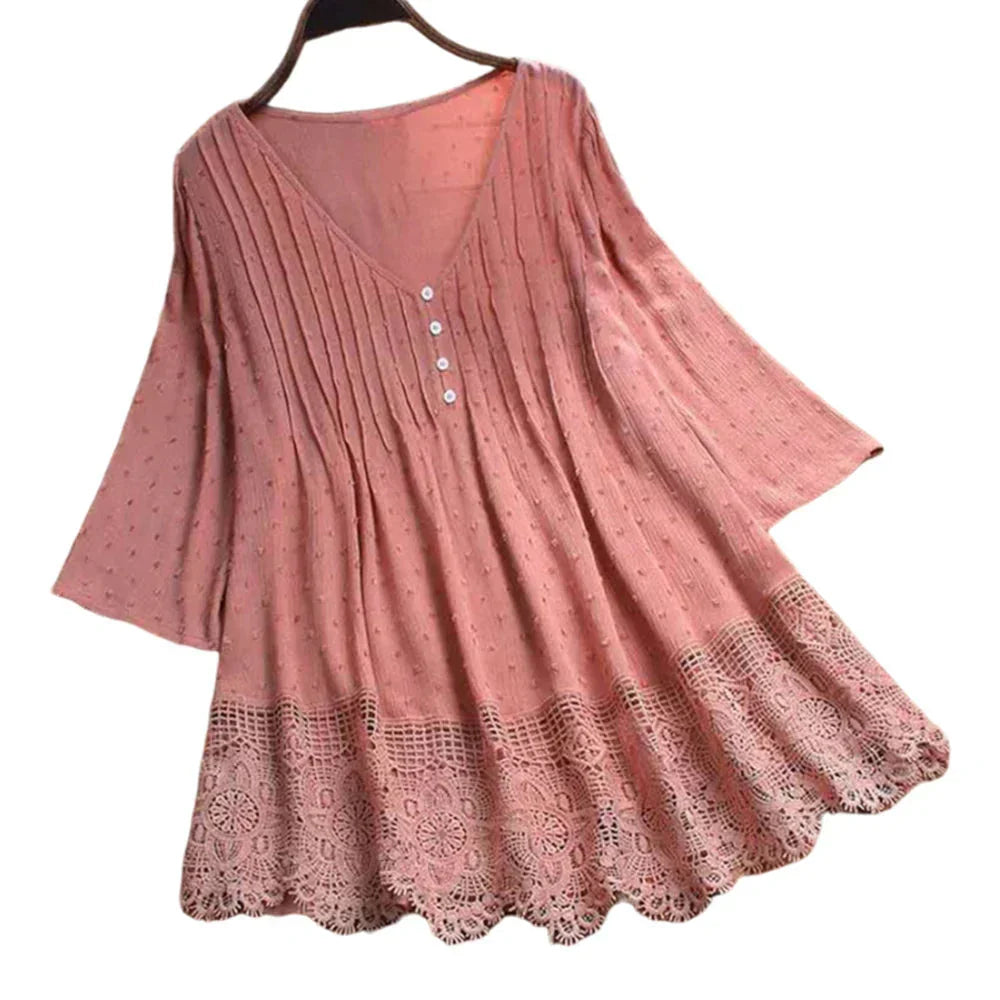 Modische Designer-Bluse mit Spitzenbesatz, Größe 5XL, V-Ausschnitt (Fudus)